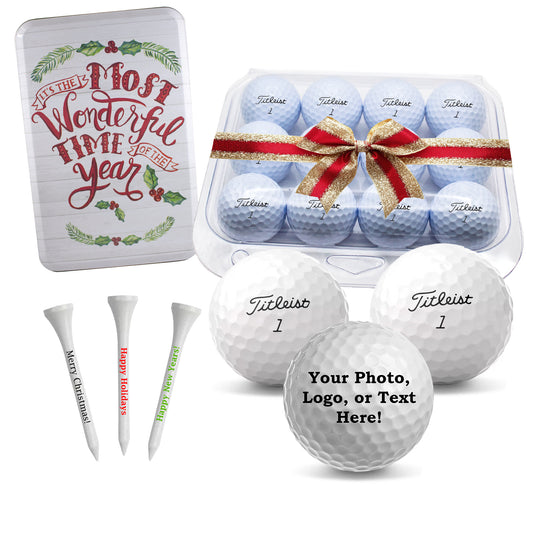 Refurbished Titleist Pro V1 Personalized Golf Balls - 100 Personalized White Tees in Christmas Tin