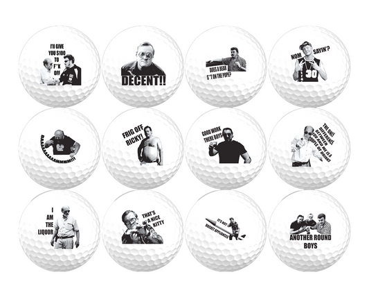 Trailer Boys characters with quotes on golf balls