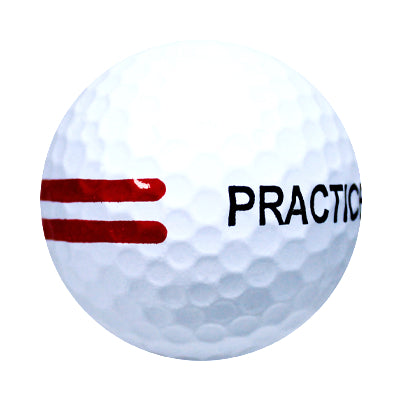 white golf ball with red stripe and PRACTICE printed on them.