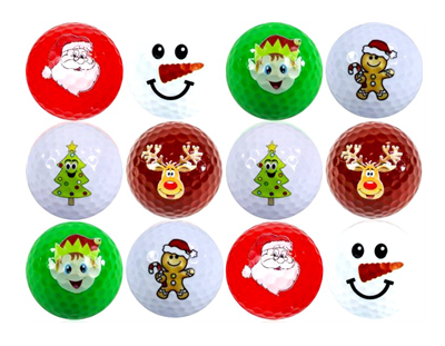 santa, snowmen, christmas tree, elf and reindeer on golf balls